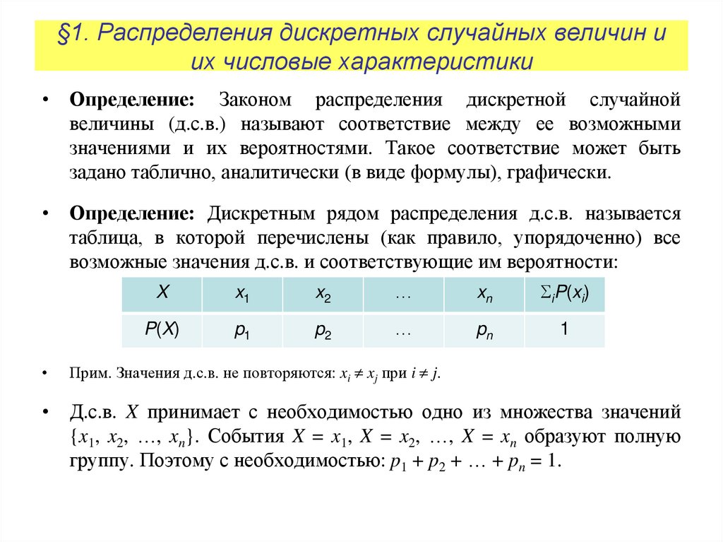 §1. Распределения дискретных случайных величин и их числовые характеристики