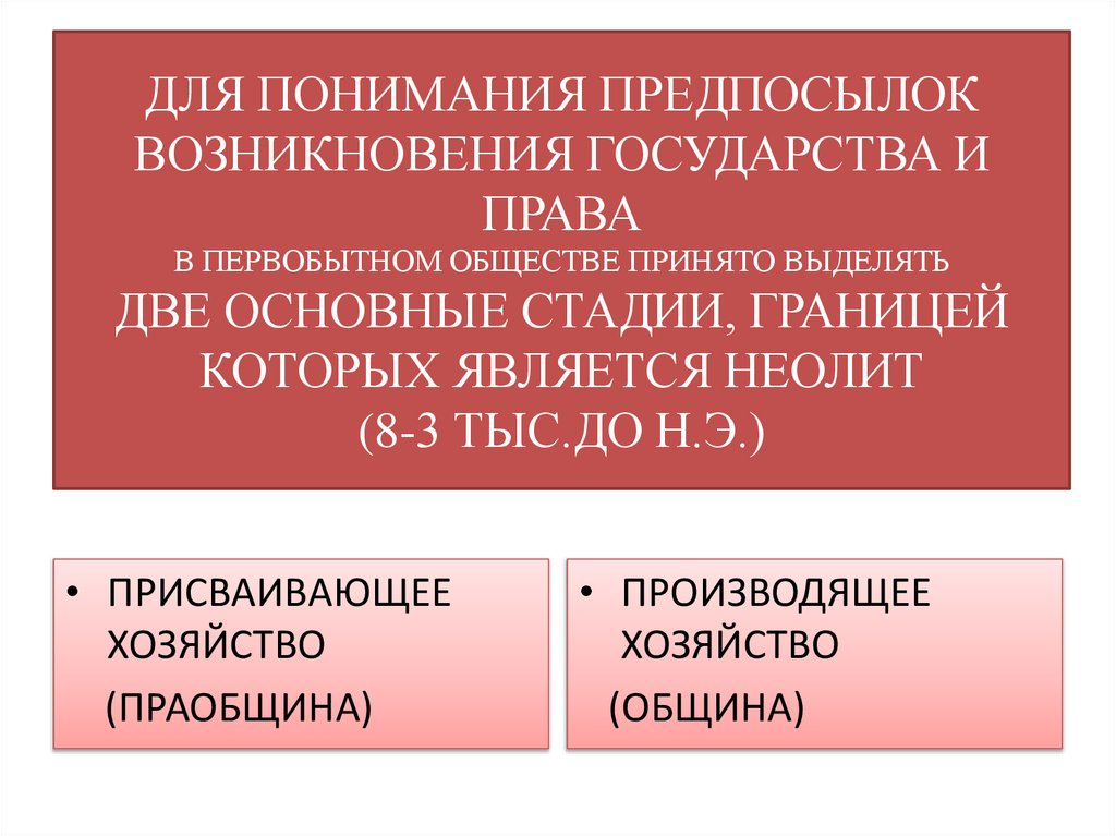 ДЛЯ ПОНИМАНИЯ ПРЕДПОСЫЛОК ВОЗНИКНОВЕНИЯ ГОСУДАРСТВА И ПРАВА В ПЕРВОБЫТНОМ ОБЩЕСТВЕ ПРИНЯТО ВЫДЕЛЯТЬ ДВЕ ОСНОВНЫЕ СТАДИИ,