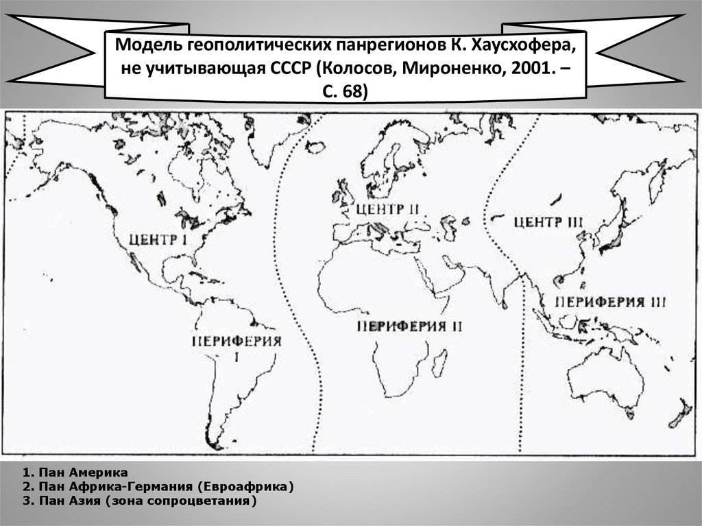 Модель геополитических панрегионов К. Хаусхофера, не учитывающая СССР (Колосов, Мироненко, 2001. – С. 68)