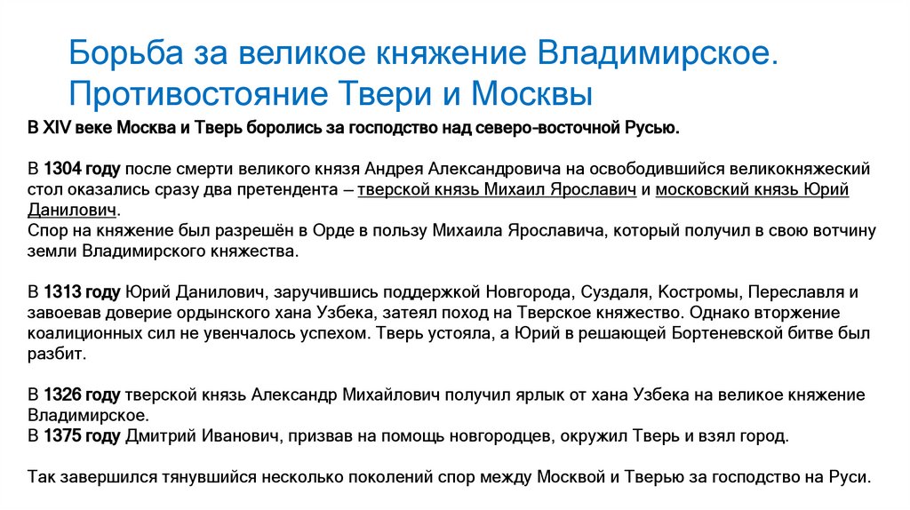 Борьба за великое княжение Владимирское. Противостояние Твери и Москвы