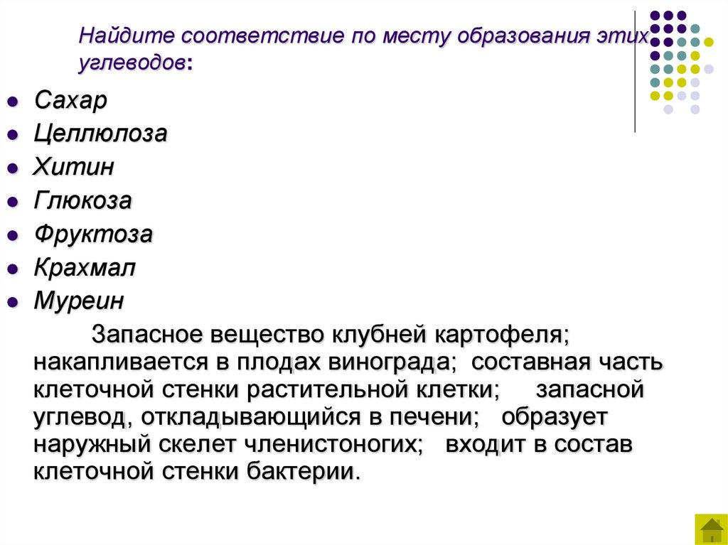 Найдите соответствие по месту образования этих углеводов: