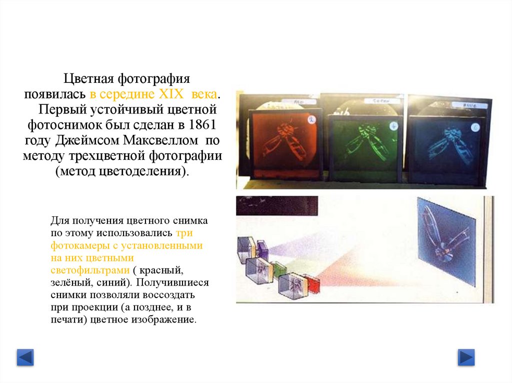 Цветная фотография появилась в середине XIX века. Первый устойчивый цветной фотоснимок был сделан в 1861 году Джеймсом
