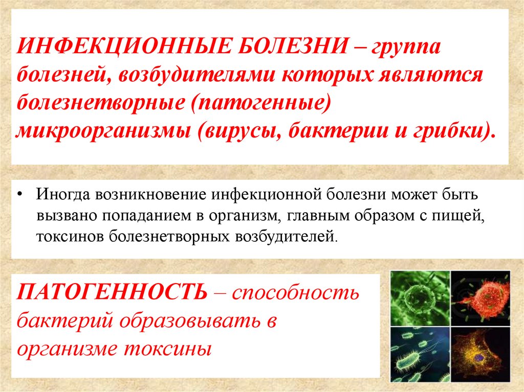 ИНФЕКЦИОННЫЕ БОЛЕЗНИ – группа болезней, возбудителями которых являются болезнетворные (патогенные) микроорганизмы (вирусы,