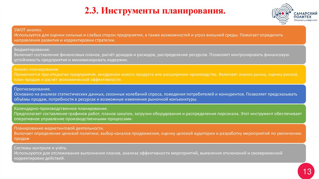 2.3. Инструменты планирования.