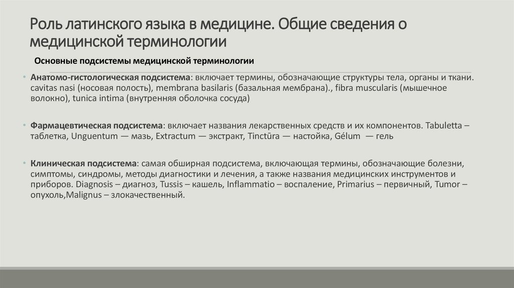 Роль латинского языка в медицине. Общие сведения о медицинской терминологии