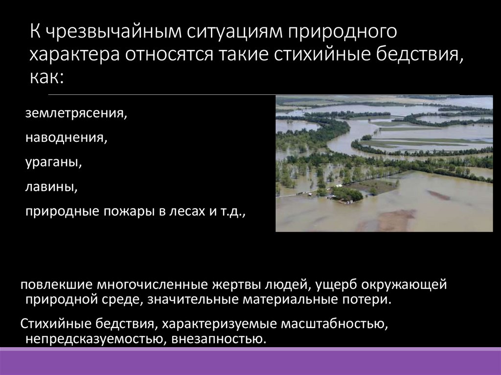 К чрезвычайным ситуациям природного характера относятся такие стихийные бедствия, как:
