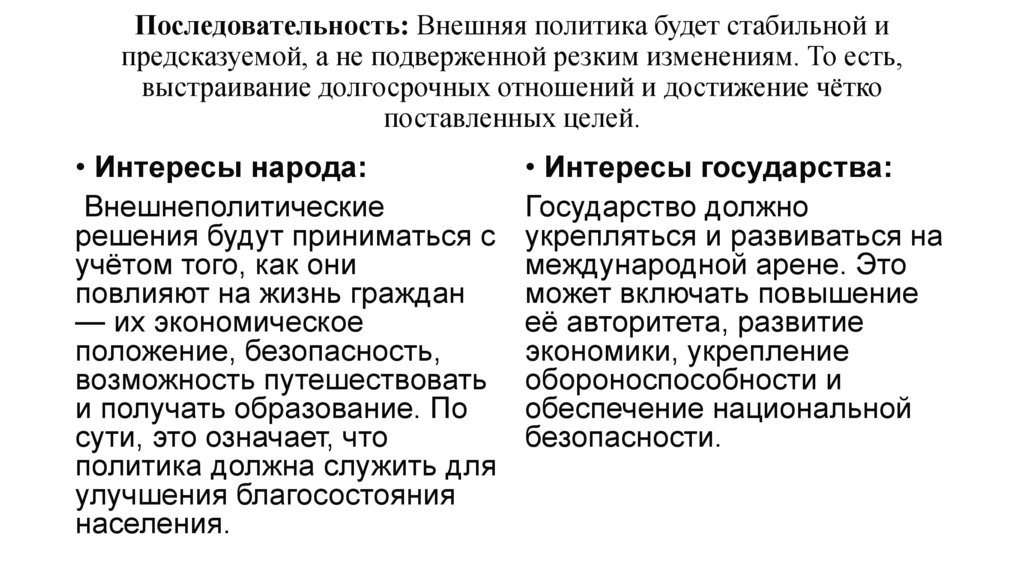 Последовательность: Внешняя политика будет стабильной и предсказуемой, а не подверженной резким изменениям. То есть,