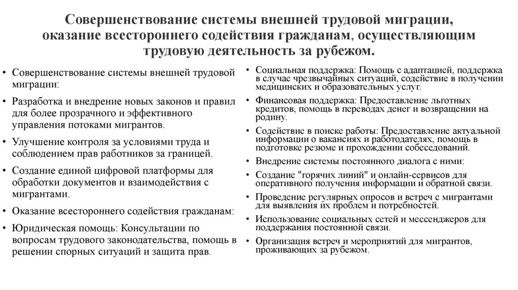 Совершенствование системы внешней трудовой миграции, оказание всестороннего содействия гражданам, осуществляющим трудовую