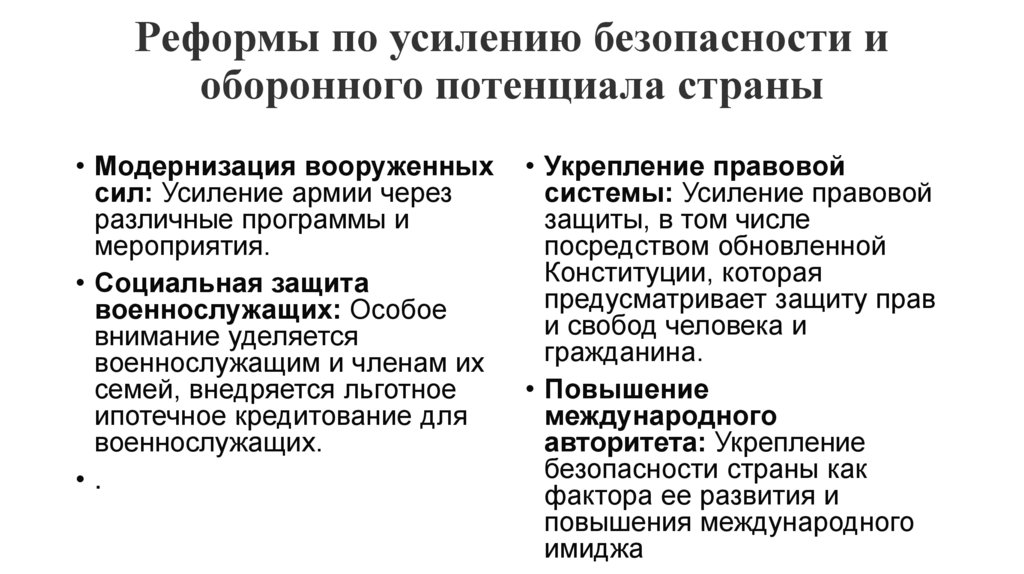 Реформы по усилению безопасности и оборонного потенциала страны
