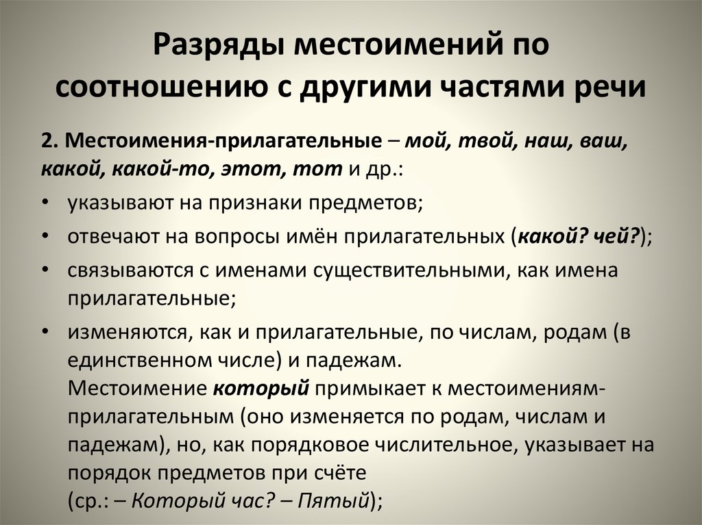 Разряды местоимений по соотношению с другими частями речи