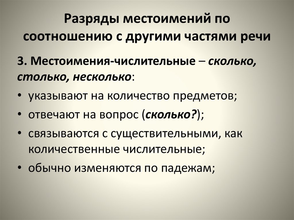 Разряды местоимений по соотношению с другими частями речи