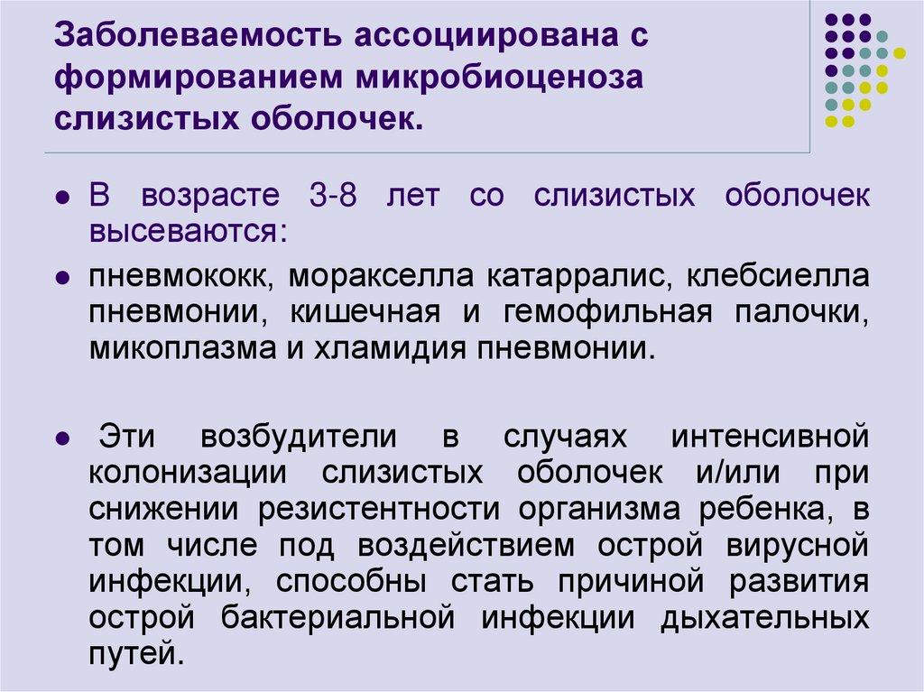 Заболеваемость ассоциирована с формированием микробиоценоза слизистых оболочек.