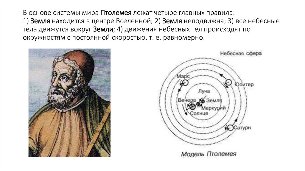 В основе системы мира Птолемея лежат четыре главных правила: 1) Земля находится в центре Вселенной; 2) Земля неподвижна; 3) все