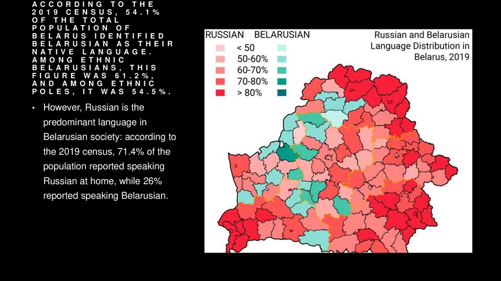 According to the 2019 census, 54.1% of the total population of Belarus identified Belarusian as their native language. Among