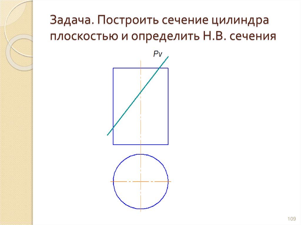 Задача. Построить сечение цилиндра плоскостью и определить Н.В. сечения