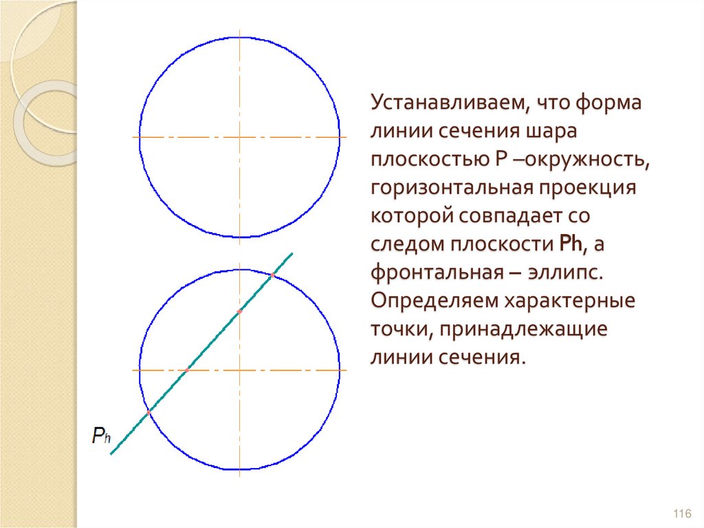 Устанавливаем, что форма линии сечения шара плоскостью Р –окружность, горизонтальная проекция которой совпадает со следом