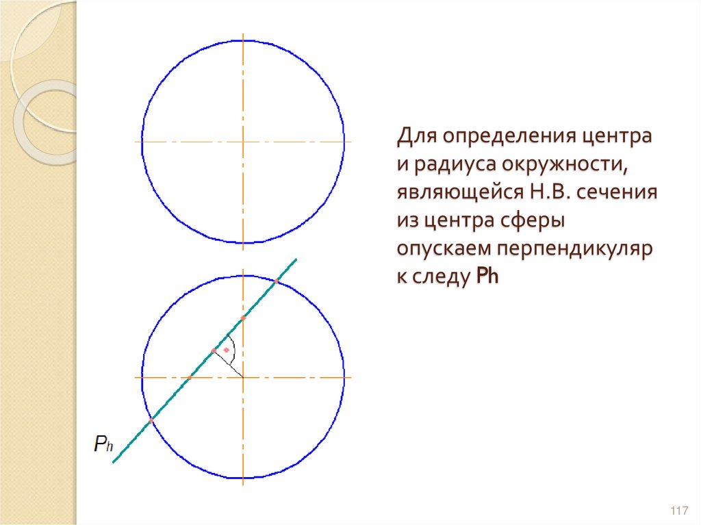 Для определения центра и радиуса окружности, являющейся Н.В. сечения из центра сферы опускаем перпендикуляр к следу Ph