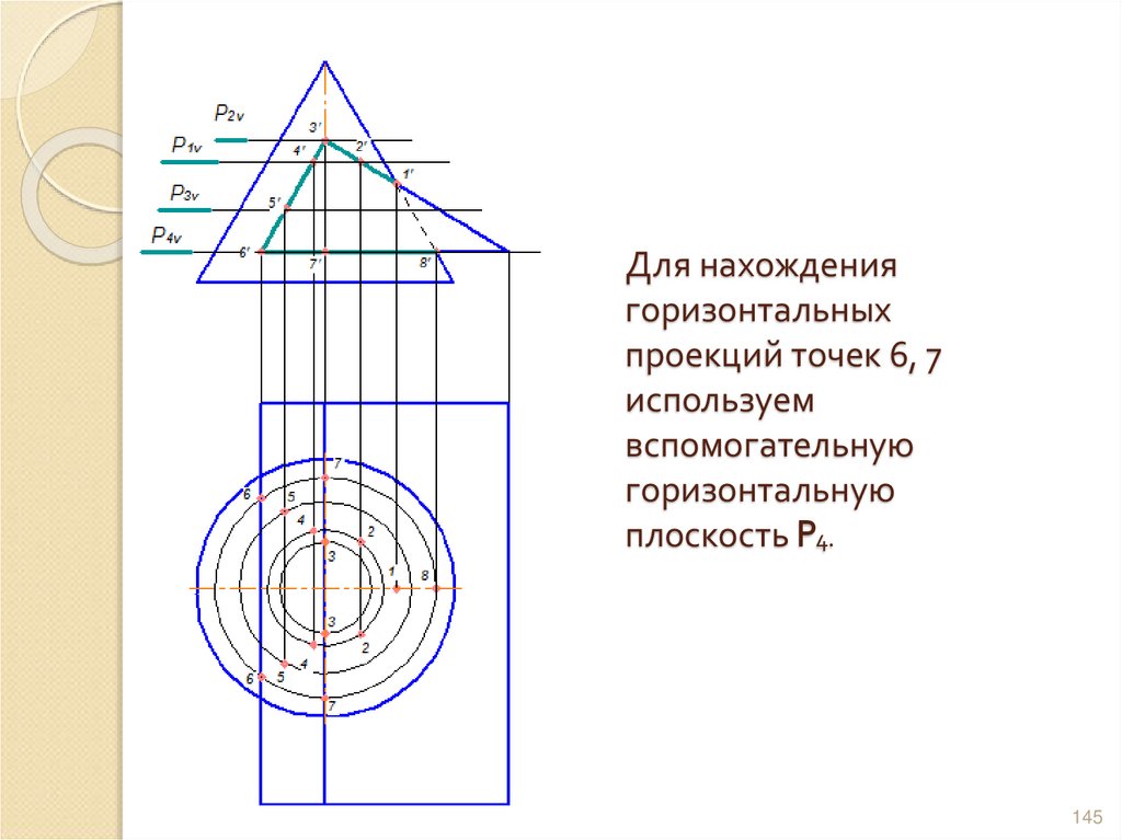 Для нахождения горизонтальных проекций точек 6, 7 используем вспомогательную горизонтальную плоскость P4.