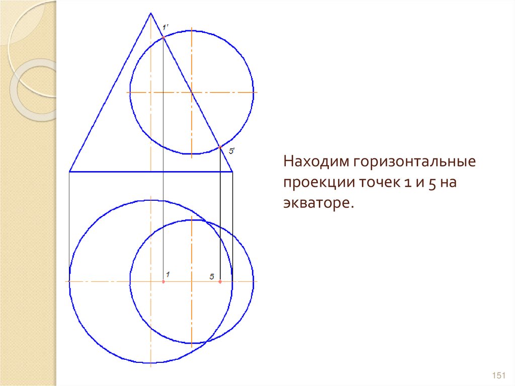 Находим горизонтальные проекции точек 1 и 5 на экваторе.