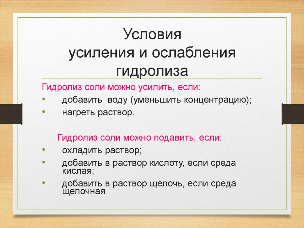 Условия усиления и ослабления гидролиза