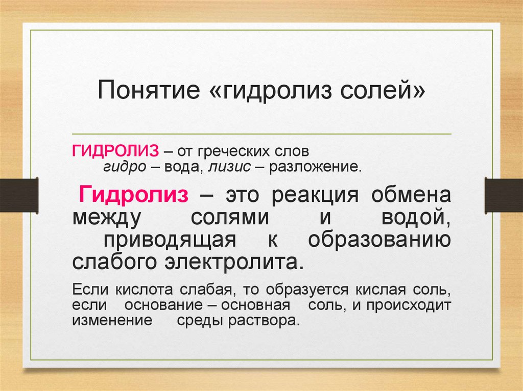 Понятие «гидролиз солей»