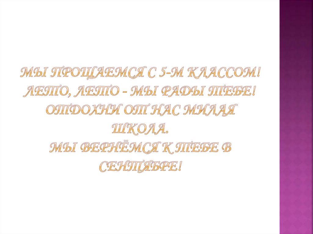 Мы прощаемся с 5-м классом! Лето, лето - мы рады тебе! Отдохни от нас милая школа. Мы вернёмся к тебе в сентябре!