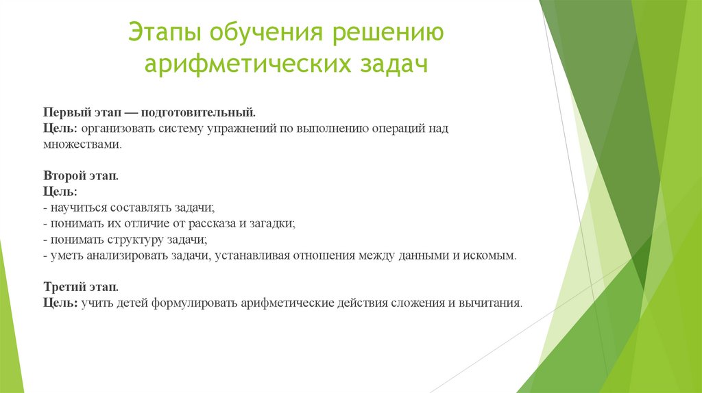 Этапы обучения решению арифметических задач