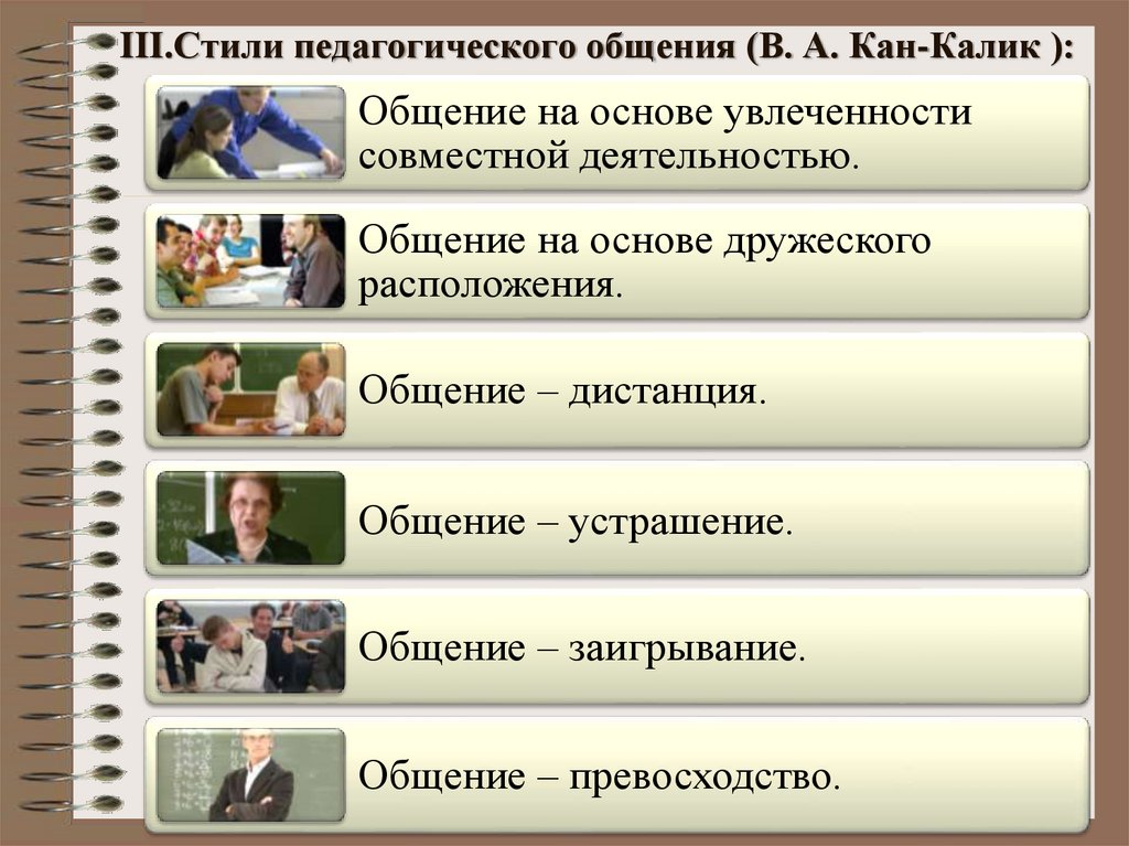 III.Стили педагогического общения (В. А. Кан-Калик ):