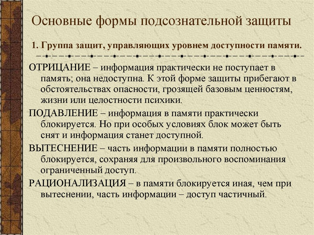 Основные формы подсознательной защиты 1. Группа защит, управляющих уровнем доступности памяти.