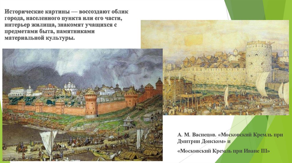 Исторические картины — воссоздают облик города, населенного пункта или его части, интерьер жилища, знакомят учащихся с