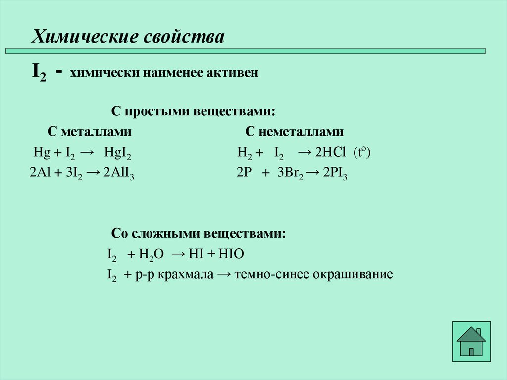 Химические свойства I2 - химически наименее активен