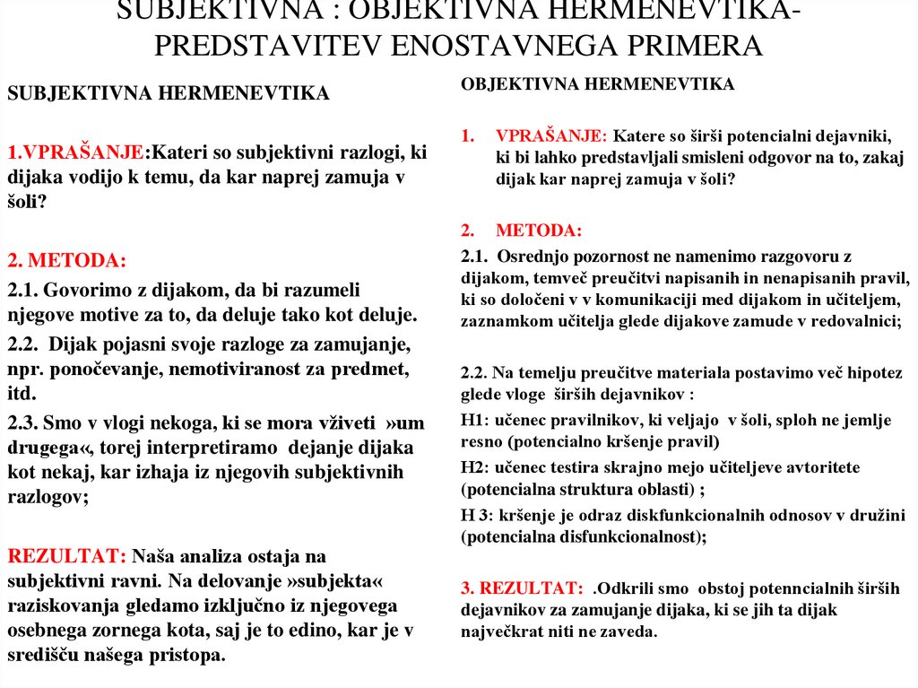 SUBJEKTIVNA : OBJEKTIVNA HERMENEVTIKA- PREDSTAVITEV ENOSTAVNEGA PRIMERA