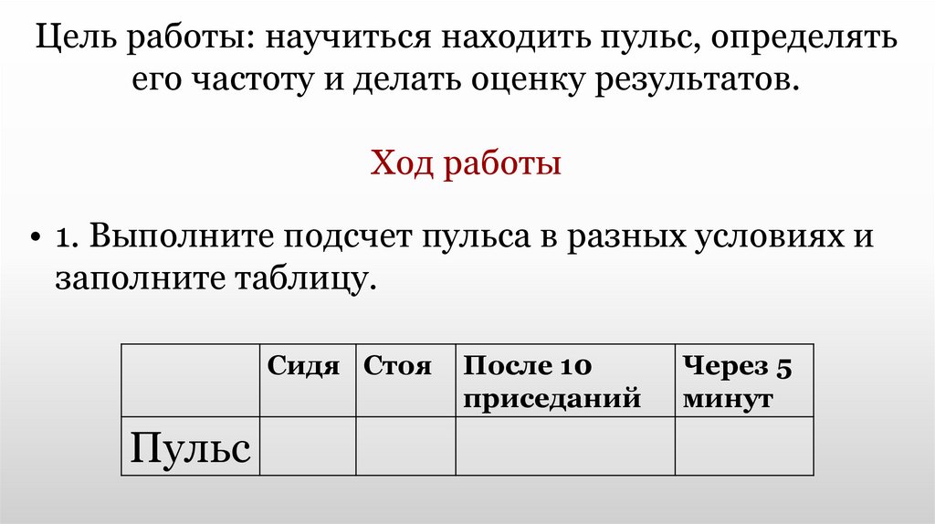 Цель работы: научиться находить пульс, определять его частоту и делать оценку результатов. Ход работы