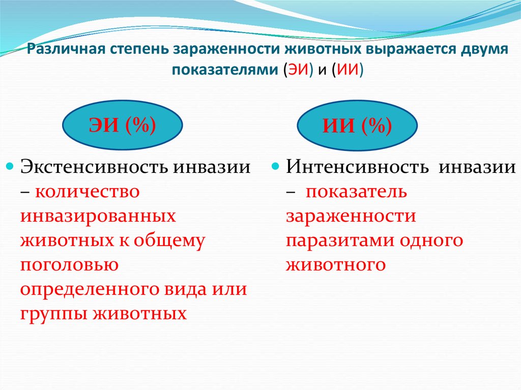 Различная степень зараженности животных выражается двумя показателями (ЭИ) и (ИИ)
