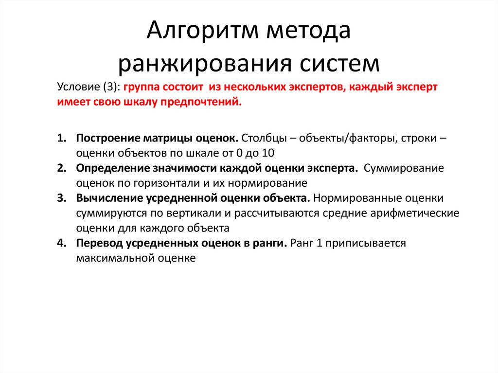 Алгоритм метода ранжирования систем