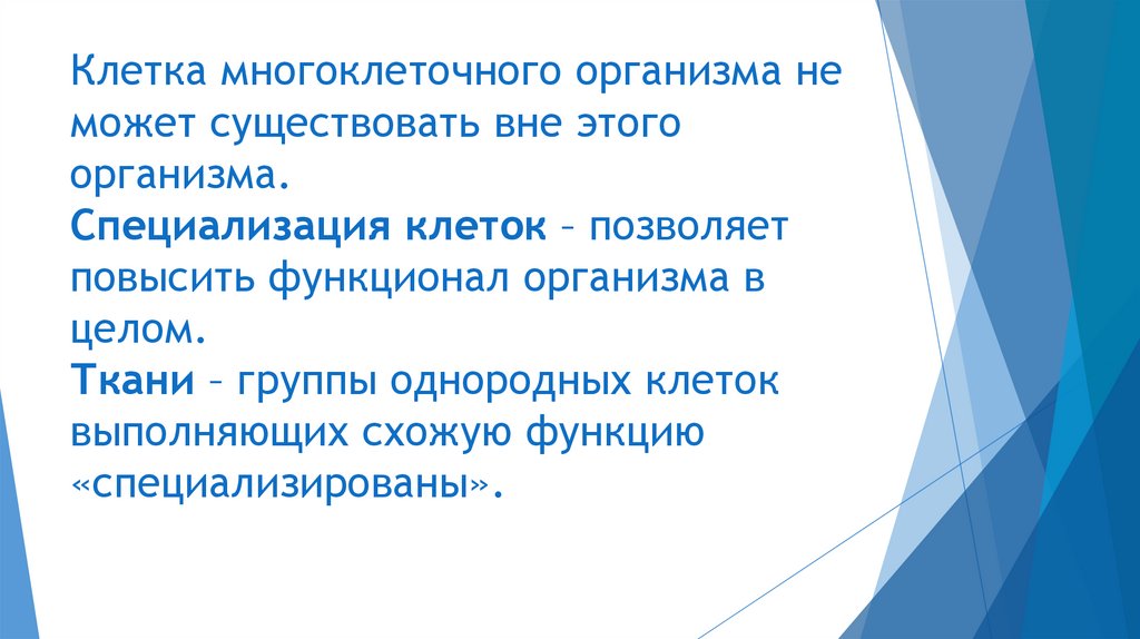 Клетка многоклеточного организма не может существовать вне этого организма. Специализация клеток – позволяет повысить