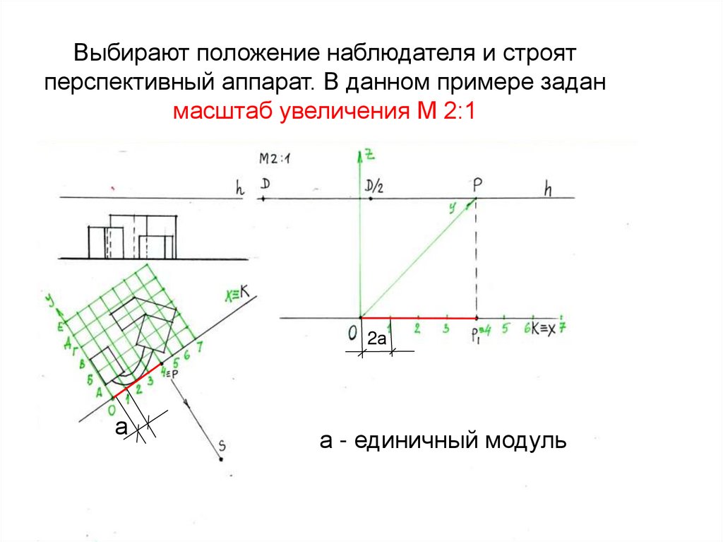 Выбирают положение наблюдателя и строят перспективный аппарат. В данном примере задан масштаб увеличения М 2:1