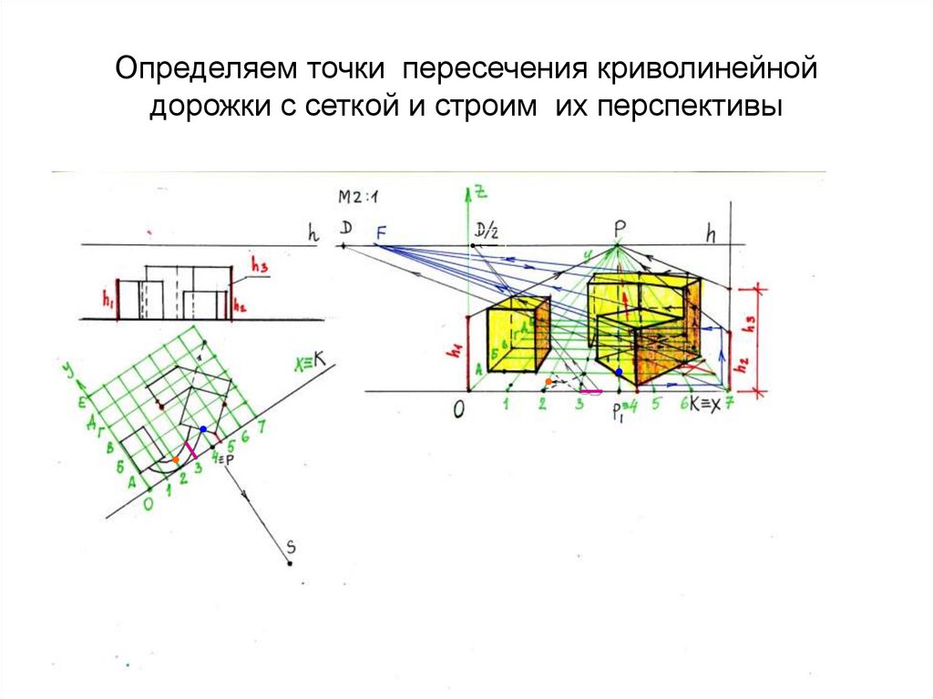 Определяем точки пересечения криволинейной дорожки с сеткой и строим их перспективы