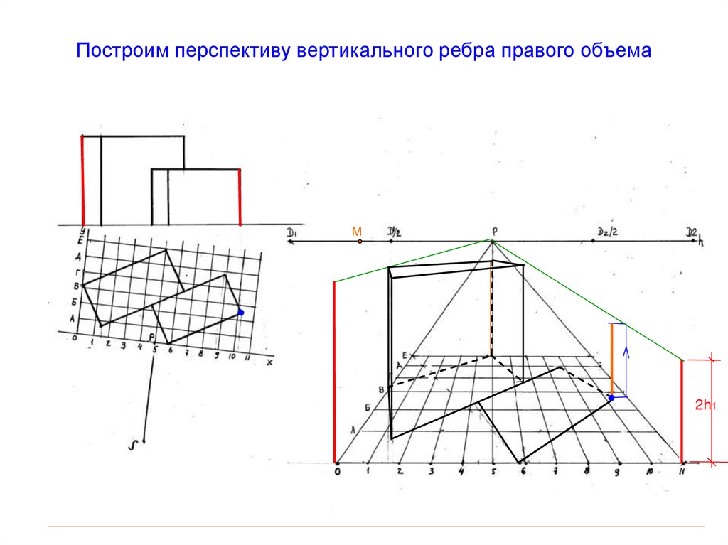 Построим перспективу вертикального ребра правого объема