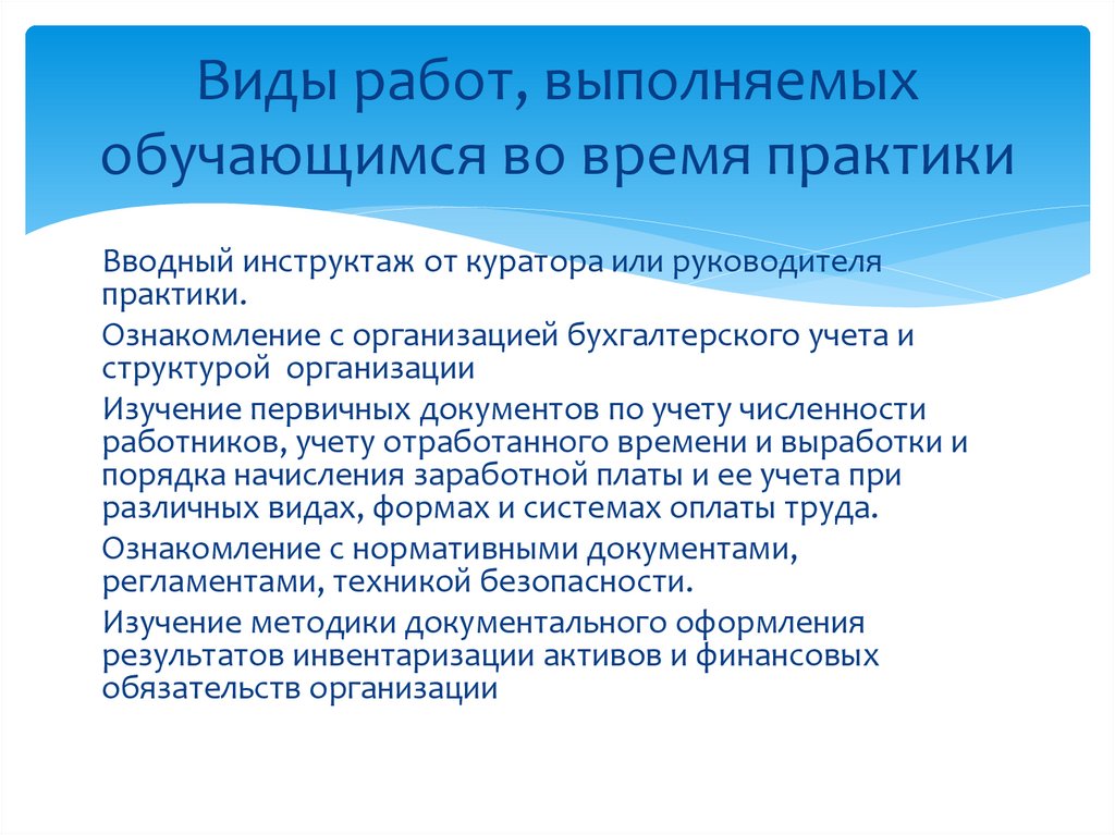Виды работ, выполняемых обучающимся во время практики