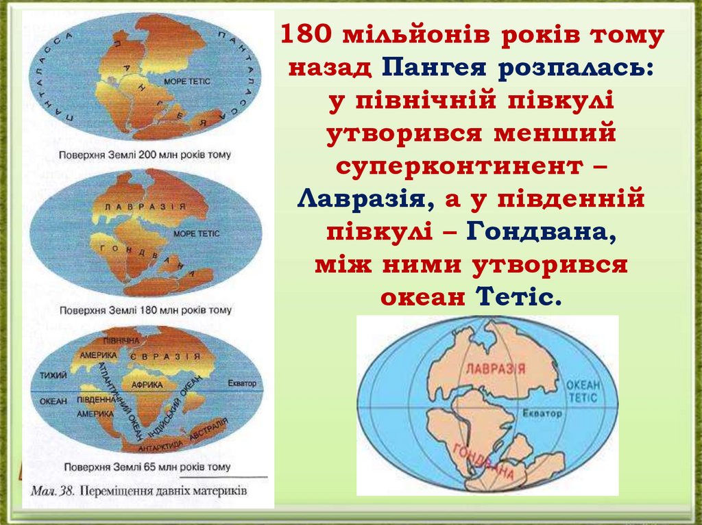 180 мільйонів років тому назад Пангея розпалась: у північній півкулі утворився менший суперконтинент – Лавразія, а у південній