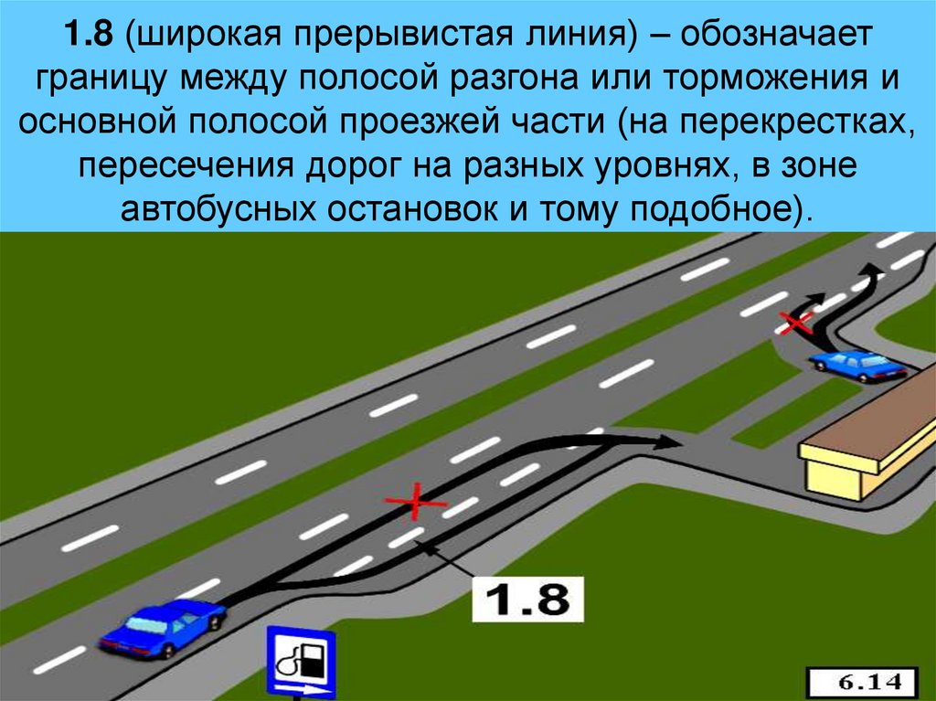 1.8 (широкая прерывистая линия) – обозначает границу между полосой разгона или торможения и основной полосой проезжей части (на