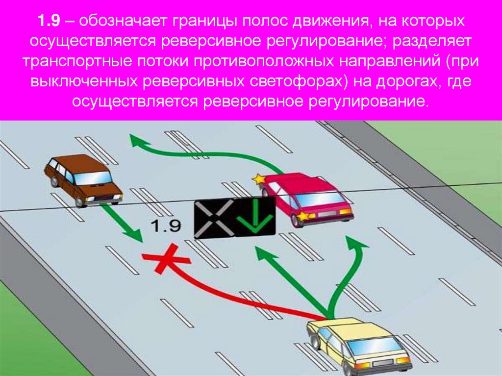1.9 – обозначает границы полос движения, на которых осуществляется реверсивное регулирование; разделяет транспортные потоки