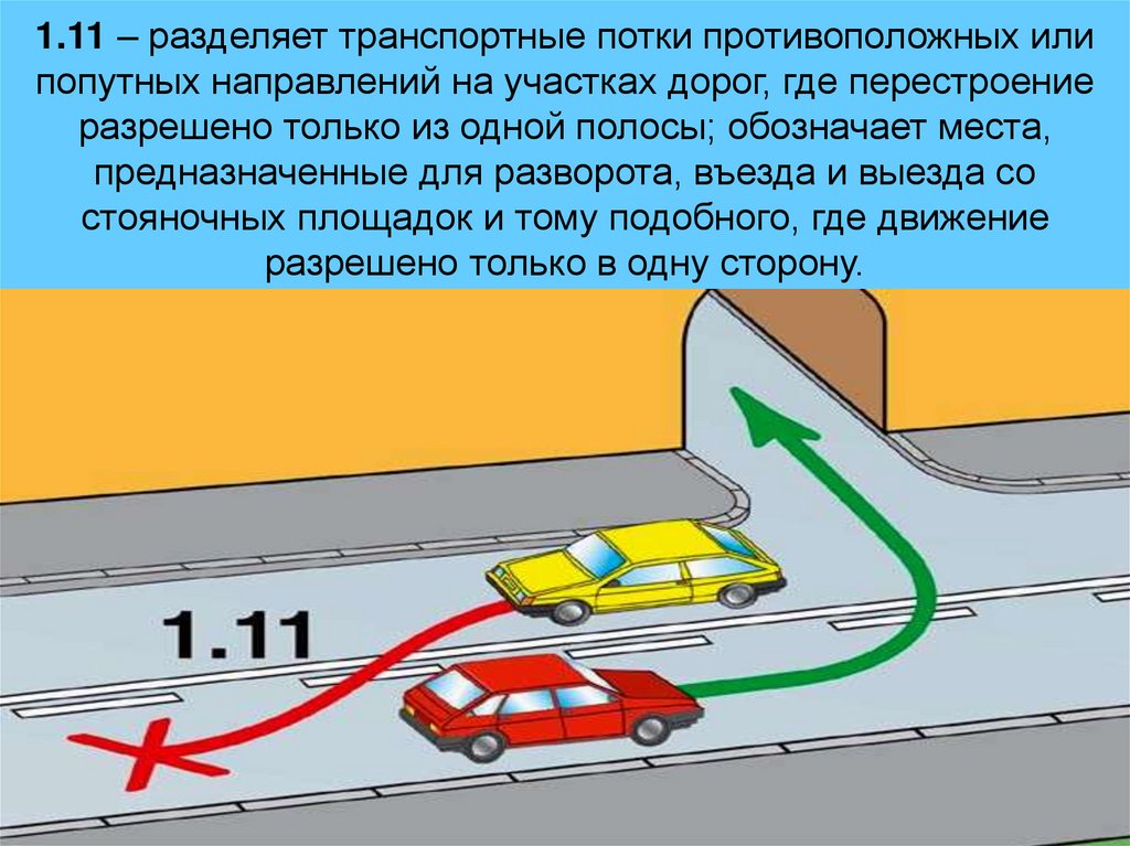 1.11 – разделяет транспортные потки противоположных или попутных направлений на участках дорог, где перестроение разрешено