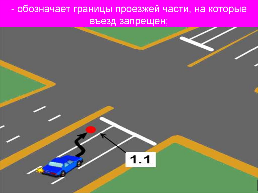- обозначает границы проезжей части, на которые въезд запрещен;