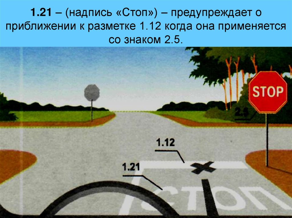 1.21 – (надпись «Стоп») – предупреждает о приближении к разметке 1.12 когда она применяется со знаком 2.5.