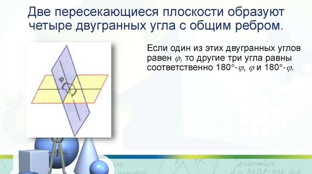 Две пересекающиеся плоскости образуют четыре двугранных угла с общим ребром.