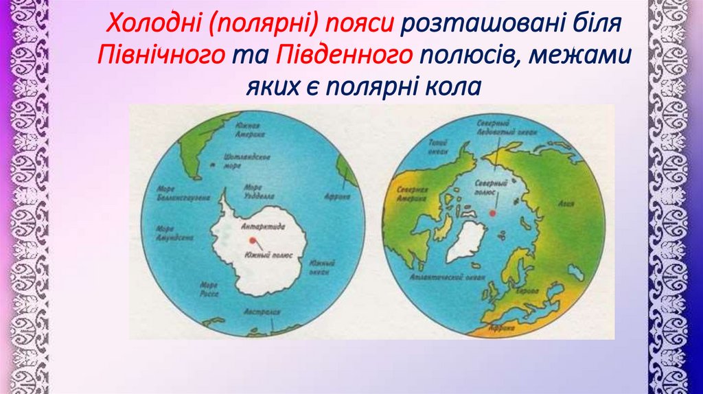 Холодні (полярні) пояси розташовані біля Північного та Південного полюсів, межами яких є полярні кола