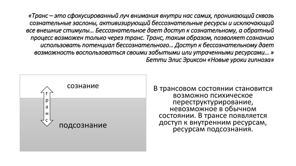 «Транс – это сфокусированный луч внимания внутри нас самих, проникающий сквозь сознательные заслоны, активизирующий