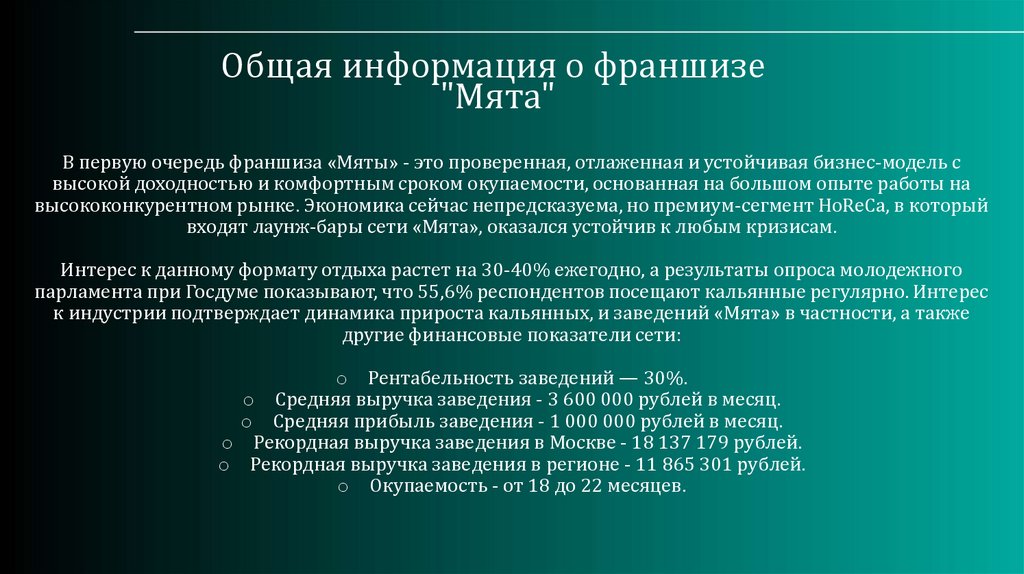 Общая информация о франшизе "Мята"